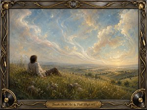 A solitary figure reclines in a sunlit meadow, gazing across rolling green hills beneath a vast, swirling sky. Soft blues, golds, creams, and muted greens create a tranquil, dreamlike mood. Painterly clouds resemble flowing breath, while warm horizon light glows gently. An ornate musical frame and engraved title plate complete the nostalgic oil-painted scene.