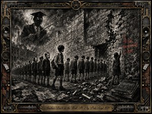 A haunting charcoal-toned schoolyard shows uniformed children marching beside a crumbling brick wall beneath a looming authoritarian teacher. Stark black, gray, and smoky lighting create an oppressive mood, punctuated by red graffiti. Deep textured shading, rubble, masks, and industrial details reinforce rebellion, while an ornate brass-and-chrome frame adds theatrical intensity.