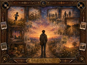 A solitary young figure stands before a glowing sunset as fragmented childhood memories surround him in vintage frames and fading photographs. Warm amber, bronze, and deep blue tones create a wistful, dreamlike mood. Painterly textures, soft light, bicycles, toys, family silhouettes, roads, records, and ornate musical details evoke time passing and innocence slipping away.