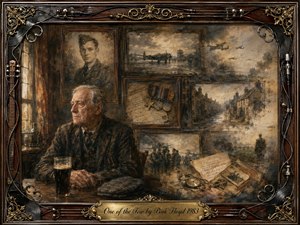 An elderly veteran sits pensively beside a dark drink, surrounded by fading wartime memories in aged rosewood frames: a young airman, bombers, village streets, medals, letters, and photographs. Muted browns, smoky grays, and antique golds glow under soft window light, blending oil-painted realism with nostalgic, weathered collage textures.