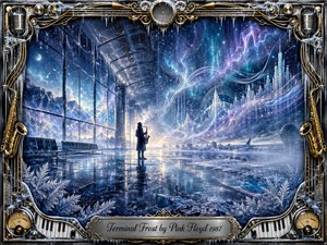 A solitary saxophonist stands inside a frozen, cathedral-like terminal beneath towering windows and a luminous cosmic sky. Icy blues, violet auroras, and silver reflections create a haunting, dreamlike calm. Flowing musical forms drift overhead, while frost, keyboards, microphones, saxophones, and ornate gold detailing frame the surreal painterly scene.