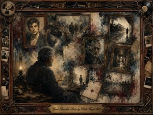 An older man sits before a haunting wall of framed memories: youthful portraits, wartime scenes, a lonely train platform, faded letters, and a cracked reflection. Sepia, smoky blue, olive, and muted crimson tones glow under warm lamplight, while painterly textures, ornate rosewood framing, and scattered vintage music relics deepen the melancholy.