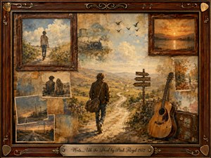 A solitary traveler walks a winding country road through golden hills beneath a softly clouded sky, surrounded by faded framed memories, birds, a steam train, sunset scenes, an acoustic guitar, and a weathered suitcase. Warm amber, brown, blue, and cream tones create a wistful, nostalgic mixed-media painting within an ornate musical frame.