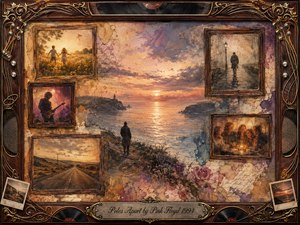 A solitary figure overlooks a glowing sunset sea, surrounded by faded rosewood-framed memories of childhood, music, travel, solitude, and companionship. Warm amber, mauve, charcoal, and weathered cream tones create a wistful atmosphere. Painterly textures, aged paper, roses, vinyl records, guitar strings, and ornate gold details deepen the nostalgic composition.