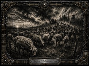 A vast flock of dark, woolly sheep crowds a bleak industrial landscape beneath turbulent charcoal skies, suggesting conformity, fear, and revolt. Smokestacks loom through smoky light as barbed fences and power lines divide the fields. Deep blacks, ash grays, and muted gold frame the scene in richly textured, dystopian charcoal realism.