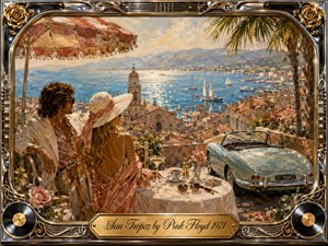 A sunlit Saint-Tropez terrace overlooks a sparkling blue Mediterranean harbor, where a relaxed couple shares an intimate moment beside a vintage convertible. Warm gold, turquoise, coral, and cream tones glow beneath soft afternoon light. Impressionistic brushwork, roses, palm fronds, sailboats, ornate musical framing, and a brass title plate evoke carefree Riviera romance.