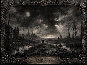 A lone figure crosses a devastated industrial wasteland beneath turbulent charcoal clouds, surrounded by ruined factories, skeletal power lines, rubble, and reflective pools. Monochrome blacks and silver grays create a bleak, mournful mood, while pale horizon light suggests distant hope. An ornate metal-and-gold musical frame reinforces the dark gothic atmosphere.