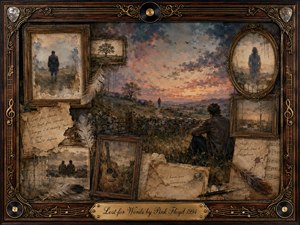 A solitary figure sits beside a stone wall beneath a fading twilight sky, surrounded by weathered rosewood frames holding distant, ghostlike memories. Muted amber, blue-gray, and sepia tones create a melancholy atmosphere. Painterly textures, feathers, handwritten fragments, records, and musical ornamentation evoke reflection, regret, emotional distance, and fading connection.