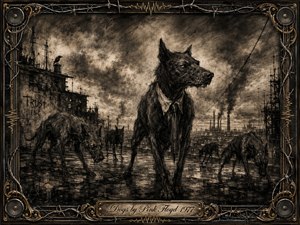 Gaunt, menacing dogs prowl a rain-darkened industrial wasteland beneath turbulent smoky skies, led by a sharply dressed hound with a cold, calculating stare. Deep charcoal blacks, sepia grays, wet reflections, smokestacks, cables, and ruined structures create a bleak dystopian mood. An ornate metallic frame with barbed wire and gold accents completes the haunting composition.