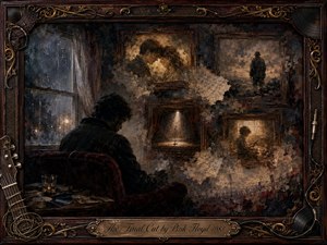 A solitary man sits beside a rain-streaked window, surrounded by fading framed memories of love, childhood, war, and an empty stage. Deep browns, charcoal blacks, muted golds, and warm sepia light create a mournful atmosphere. Layered painterly textures, torn letters, records, instruments, and ornate rosewood framing evoke loss, reflection, and remembrance.