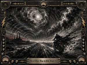 A lone motorcycle rider races through a storm-lashed wasteland beneath a swirling moonlit vortex, while distant industrial towers loom on the horizon. Deep feathered charcoal textures, smoky grays, steel blues, lightning, and subtle red accents create an ominous cinematic mood. Sonic ripples and an ornate metallic music-themed frame intensify the driving, hypnotic atmosphere.