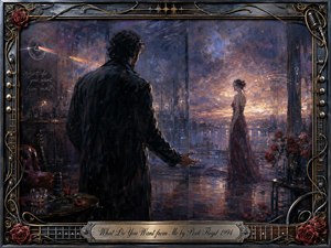 A solitary man reaches toward a distant woman in a shadowy, elegant interior overlooking a glowing city at dusk. Deep blues, smoky violets, warm amber light, and crimson roses create emotional tension. Painterly textures, reflected floors, musical motifs, curling metalwork, and an ornate instrument-inspired frame reinforce longing, uncertainty, and romantic isolation.