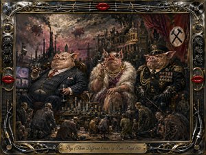 Three imposing anthropomorphic pigs dominate a ruined industrial city, embodying wealth, vanity, and authoritarian power while subdued figures kneel below. Smoky grays, bruised purples, dirty pinks, and metallic gold create a sinister mood. Dramatic oil-painted lighting, theatrical shadows, pig balloons, surveillance imagery, and an ornate music-themed frame intensify the dark satire.