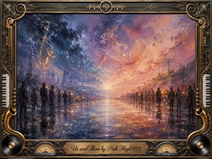 Two opposing rows of solitary figures face a glowing horizon across a reflective, rain-darkened landscape, evoking division, distance, and fragile unity. Deep blues and violets merge with warm peach and gold light. Expressive oil-like textures, floating musical notes, saxophone imagery, and an ornate instrument-themed frame create a haunting, contemplative atmosphere.