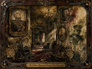 A decaying memorial hall stretches beneath tarnished chandeliers, its peeling walls crowded with stern portraits, faded photographs, and empty wheelchairs. Sepia, burgundy, olive, and antique gold tones deepen the melancholy atmosphere, while dusty shafts of light reveal watercolor drips, cracked textures, and an ornate rosewood-and-metal musical frame surrounding the haunting scene.