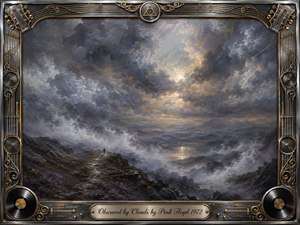 A solitary figure crosses a rugged, mist-shrouded landscape beneath immense storm clouds pierced by pale golden light. Deep grays, silvers, smoky blues, and muted earth tones create a mysterious, contemplative mood. Painterly textures evoke expressive oil work, while an ornate chrome-and-gold musical frame, vinyl records, strings, and engraved title plate complete the composition.
