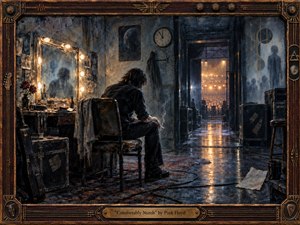 A solitary musician sits hunched in a worn backstage dressing room, gazing toward a distant glowing stage and audience. Cool blue-gray shadows contrast with warm amber bulbs and reflections on the polished floor. Rich oil-and-encaustic textures, smoky haze, faded walls, cables, mirrors, and an ornate vintage frame create a dreamlike, melancholic atmosphere.