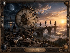 A monumental surreal landscape portrays time as a crumbling clock bridging night and dawn. A fractured antique pocket watch dominates the scene, scattering gears across a stone archway where figures journey from childhood toward old age. Deep blues and charcoal gradually shift into warm golds, with moonlight, sunrise, mist, and intricate bronze detailing creating a haunting, reflective atmosphere.
