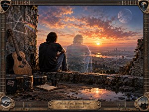 A solitary guitarist sits on a weathered stone overlook beside a translucent companion, gazing across a glowing river city at sunset. Amber clouds, violet shadows, and reflected light create a wistful atmosphere. An acoustic guitar, battered cases, prism imagery, puddles, and guitar-string metalwork frame the richly textured, cinematic surrealist scene.