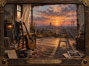 A weathered room opens onto a glowing industrial sunset, where an abandoned chair and acoustic guitar suggest absence and memory. Warm amber light cuts across worn floorboards, vinyl records, and a faded rug, while distant rail tracks, smokestacks, and telephone poles recede beneath dramatic blue-gray and rose clouds in richly textured oil-paint detail.