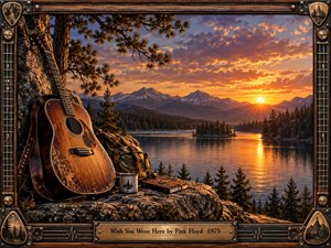 A weathered acoustic guitar rests beside a rugged mountain lake at sunset, surrounded by a travel pack, journal, and enamel cup. Warm amber light reflects across calm water beneath glowing clouds and distant peaks. Rich wood textures, aged metalwork, and an ornate musical frame create a nostalgic, handcrafted atmosphere.