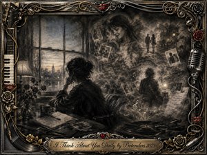 A solitary woman sits beside a twilight window, surrounded by smoky charcoal memories, faded photographs, handwritten notes, and drifting musical symbols. Deep blacks, silvery grays, and warm sepia highlights create a wistful, intimate mood. An ornate chrome-and-gold music-themed frame, roses, red lips, piano keys, microphone, and engraved title plate complete the composition.