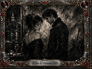 A brooding couple stands close beneath a nocturnal city skyline, their downcast faces suggesting longing, tenderness, and emotional distance. Deep charcoal textures and smoky grays create a dramatic noir atmosphere, accented by red roses, lips, wine, and gleaming gold-chrome ornamentation. Musical notes, a shadowed guitar, microphones, and an engraved title plate complete the romantic composition.