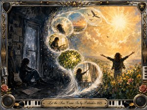 A solitary figure moves from a shadowy, music-filled room toward radiant sunlight, guided by feathered bubbles forming a graceful S-curve of memories and renewal. Cool charcoal blues transition into glowing golds, flowers, birds, and open sky. The richly textured painterly scene is framed with ornate chrome, gold, instruments, records, roses, and piano keys.
