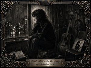 A solitary woman sits beside a rain-streaked window, surrounded by deep charcoal shadows and blurred city lights. Her hunched pose conveys quiet heartbreak and unwanted loneliness. An acoustic guitar, vinyl record, and studio details fill the dim room, while an ornate metallic frame with roses, strings, and engraved title plate completes the melancholic composition.