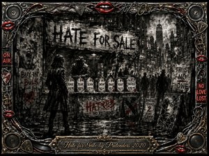 A lone figure confronts a shadowy street vendor selling bottled emotions beneath a stark Hate for Sale sign in a rain-slicked city. Deep charcoal textures, smoky blacks, grays, crimson accents, and metallic highlights create a tense noir atmosphere. An ornate rock-themed frame of chrome, gold, wires, speakers, and red lips completes the composition.