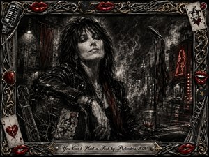 A defiant female rocker leans beside a battered guitar in a smoky urban night scene, her calm expression suggesting hard-earned resilience. Deep charcoal blacks and silvery grays dominate, punctuated by crimson neon and lips. Dramatic low lighting, gritty textures, playing cards, microphones, tangled strings, and an ornate chrome-and-gold frame create a dark, rebellious elegance.