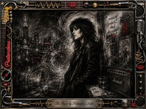 A solitary rocker stands in a shadowy nighttime city, surrounded by swirling charcoal textures that evoke static, memory, and sound. Deep blacks, smoky grays, silvery highlights, and restrained red accents create a tense, reflective mood. An ornate chrome-and-gold music-themed frame, microphones, cables, records, and engraved title plate complete the dramatic composition.