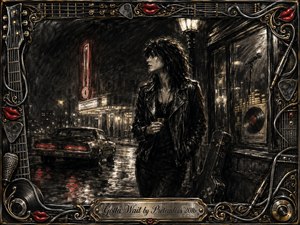 A solitary leather-jacketed woman waits beneath a glowing streetlamp on a rain-slicked city street, surrounded by neon reflections, a vintage car, guitar case, and music-club details. Deep charcoal textures create a brooding, restless mood, while red, gold, and chrome accents enliven the ornate rock-themed frame and engraved title plate.