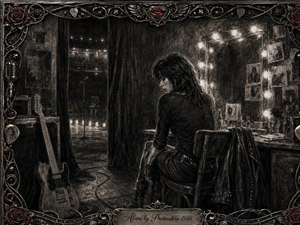 A solitary woman sits backstage beside a glowing vanity mirror, surrounded by a resting guitar, cables, photographs, and an empty stage beyond. Deep charcoal textures, smoky shadows, and muted metallic tones create a reflective, melancholy mood. An ornate rock-inspired frame with roses, chrome details, and red lips encloses the scene.
