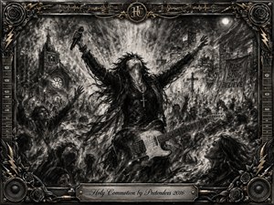 A fierce charcoal singer stands amid a surging nighttime crowd, arms raised with microphone and electric guitar beneath radiant, stormlike light. Gothic architecture and city towers frame the ecstatic scene, while smoky blacks and silvery grays intensify its spiritual rebellion. An ornate metallic music-themed border and engraved title plate complete the dramatic composition.