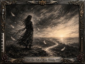 A solitary woman stands on a windswept cliff beneath a turbulent charcoal sky, facing a glowing horizon and winding path of light. Drifting feathers soften the melancholy scene, suggesting fragile hope and renewal. Rich black, gray, and warm sepia tones are framed by ornate metallic musical details, roses, wings, piano keys, and guitar strings.