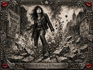 A defiant rock figure strides across shattered city concrete as wildflowers rise through the cracks, suggesting rebellion and renewal. Deep feathered charcoal textures, smoky gray skies, stark highlights, and flying debris create raw momentum. An ornate chrome-and-gold musical frame, red lips, guitar details, and engraved title plate complete the gritty composition.
