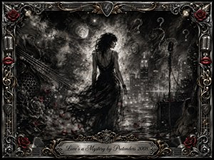 A solitary woman in a flowing black dress stands within a smoky, dreamlike nighttime city, surrounded by drifting rose petals, ghostly faces, question marks, guitar strings, and a vintage microphone. Deep charcoal textures, silver highlights, muted gold, and crimson accents create a mysterious romantic mood, enclosed by an ornate rock-inspired metallic frame.