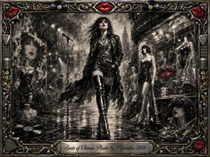 A defiant woman in glossy thigh-high boots strides through a smoky urban rock dreamscape of mannequins, guitars, cables, and wet pavement. Deep charcoal textures, silvery highlights, and vivid red lips create a rebellious noir mood. An ornate chrome-and-gold music-themed frame surrounds the dramatic composition, finished with an engraved title plate.