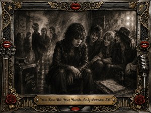 A brooding charcoal scene shows a solitary rocker seated backstage while a close-knit group of true friends gathers warmly beside them and distant figures dissolve into smoky shadows. Rich blacks, silvery grays, soft stage lighting, and feathered textures create intimacy and tension. An ornate gold, chrome, red-lipped music frame completes the composition.