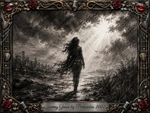 A lone woman walks through a storm-darkened landscape toward a radiant opening in the clouds, suggesting resilience and redemption. Deep feathered charcoal textures create dramatic movement, while monochrome shadows contrast with brilliant light. An ornate rock-inspired frame of gold filigree, roses, microphones, guitar strings, and red lips surrounds the scene.