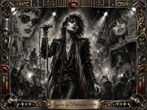 A charismatic pop-rock performer commands a smoky concert stage, gripping a microphone beneath piercing spotlights and camera flashes. Deep charcoal textures, velvety blacks, silvery grays, and restrained crimson accents create a glamorous yet introspective mood. An ornate chrome-and-gold music-themed frame surrounds the scene, crowned by red lips and engraved titlework.