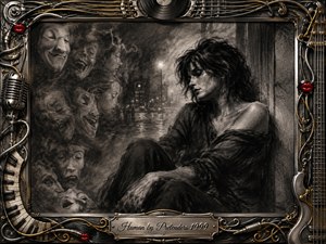 A solitary woman sits in a shadowy urban interior, surrounded by ghostly masks and fading faces that suggest vulnerability and hidden identities. Deep charcoal textures, smoky grays, and pale highlights create a melancholic noir mood. An ornate chrome-and-gold musical frame, red lips, instruments, cables, and engraved title plate complete the composition.