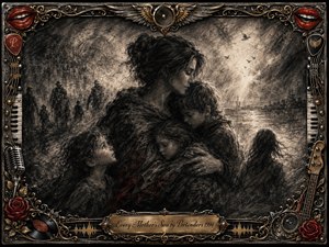 A protective mother gathers several children close within a windswept, charcoal-dark landscape, illuminated by a pale break of light. Feathered black and gray textures create a solemn, tender mood, accented by muted crimson. An ornate chrome-and-gold musical frame surrounds the scene with roses, instruments, red lips, and an engraved title plate.