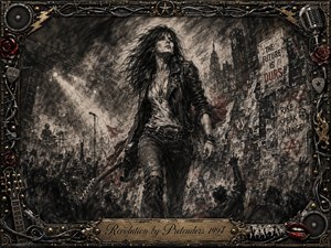 A defiant female rocker strides through a smoky urban uprising, surrounded by raised hands, torn posters, stage lights, and musical hardware. Deep charcoal blacks and grays dominate, accented by muted red and antique gold. Dramatic lighting, vigorous smudged textures, and an ornate rock-themed frame create a rebellious, urgent, cinematic atmosphere.