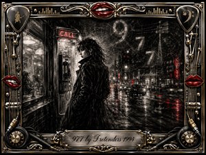 A solitary woman stands beside a glowing payphone on a rain-soaked city street, surrounded by smoky charcoal textures, ghostly 977 numerals, and faint radio-wave patterns. Black, silver, and gray dominate, accented by crimson neon reflections. An ornate chrome-and-gold rock-themed frame with red lips and musical hardware heightens the dramatic nocturnal mood.