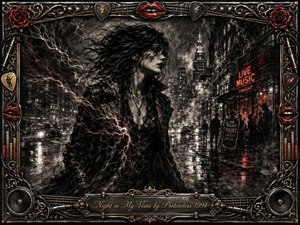 A windswept woman moves through a rain-soaked city night, surrounded by branching flashes of light that suggest energy coursing through her veins. Deep charcoal textures, smoky blacks, silver highlights, and vivid red neon create a restless, cinematic mood, framed by ornate chrome, gold filigree, roses, lips, speakers, and musical details.