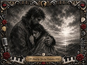 A deeply textured charcoal scene shows a protective embrace beneath turbulent skies, with distant light breaking through over a rugged landscape. The mood is tender, solemn, and reassuring. Rich blacks, silvery grays, and selective red-and-gold accents contrast dramatically, while an ornate music-themed frame features roses, guitar details, piano keys, and an engraved title plate.