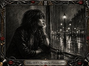 A solitary woman sits beside a rain-streaked window, gazing wistfully across a glowing city street. Deep feathered charcoal textures create a brooding, intimate mood, while wet pavement reflects soft lamplight. An ornate black, chrome, gold, and red musical frame surrounds the scene, with roses, lips, records, cables, and an engraved title plate.