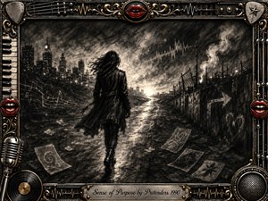 A solitary woman strides through a windswept industrial cityscape toward a radiant horizon, suggesting determination and inner direction. Deep charcoal textures, smoky grays, and sharp highlights create a dramatic, introspective mood. An ornate chrome-and-gold music-themed frame surrounds the scene, accented with red lips, instruments, records, sound waves, and an engraved title plate.